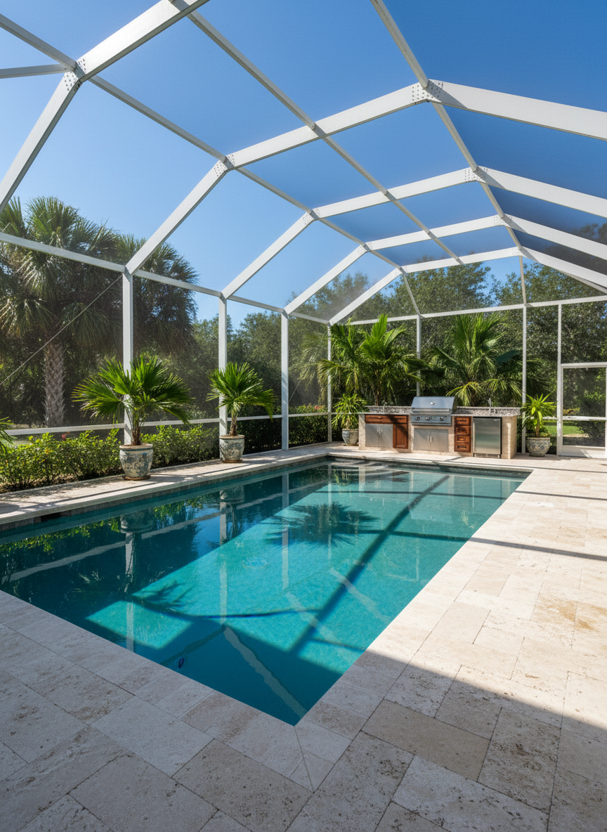 A sparkling backyard pool area of a Central Florida home, featuring a rectangular turquoise pool edged with light travertine pavers and a screened lanai structure arching overhead. Along one side sits an outdoor kitchen with stainless steel appliances and a polished stone countertop, while tropical plants and potted palms line the enclosure. Late-morning sunlight filters through the screen, creating subtle grid-like shadows on the water and deck. Captured from a slightly elevated angle looking diagonally across the pool, the composition emphasizes resort-style living and privacy. The mood is relaxed yet upscale, with crisp photographic realism, saturated blues and greens, and a professional, aspirational feel ideal for showcasing outdoor amenities.