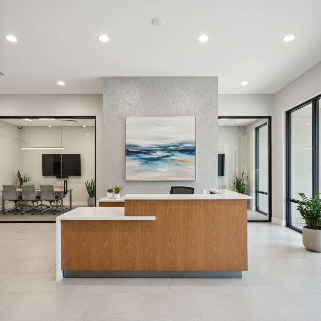 A refined office interior for a Central Florida real estate brokerage, featuring a sleek reception desk made of warm wood with a white quartz countertop, positioned against a textured light-gray accent wall. Behind the desk, a subtle abstract artwork in coastal blues and sandy neutrals adds local character without using text. To one side, glass-walled meeting rooms reveal modern conference tables and minimalist décor. Soft, even overhead lighting combines with natural light from large side windows, creating a bright yet controlled ambiance with minimal shadows. Shot at eye level with a slightly wide field of view, the composition feels open and professional. The atmosphere is trustworthy, organized, and contemporary, expressed in clean photographic realism appropriate for a client-facing environment.