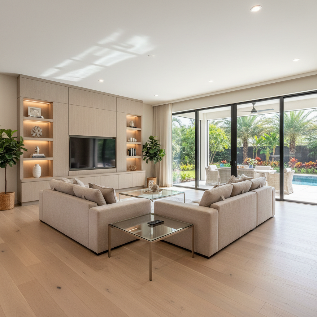 An elegant open-concept living room in a modern Central Florida home, featuring wide-plank light oak flooring, a neutral sand-colored sectional sofa, and a sleek built-in media wall with subtle recessed shelving. Large sliding glass doors dominate one side of the room, revealing a sunlit patio and tropical landscaping just beyond. Soft, diffused daylight streams in, creating gentle reflections on a low-profile glass coffee table and casting faint, natural shadows. Shot from a slightly elevated corner angle with a wide lens, the image captures spaciousness and flow. The overall atmosphere is bright, calm, and meticulously staged, with photographic realism and a clean, professional aesthetic that highlights desirable interior features.
