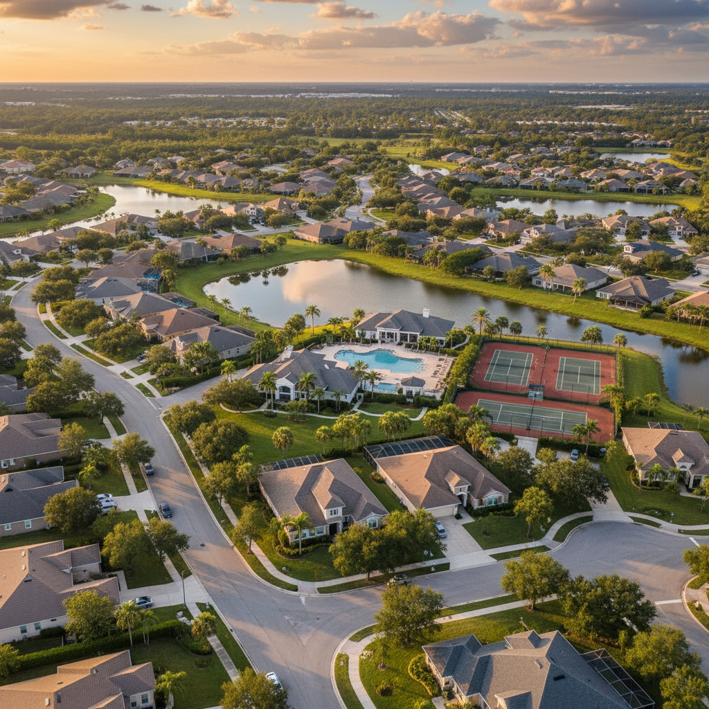 A polished aerial view of a Central Florida master-planned neighborhood, showing winding tree-lined streets, neatly arranged single-family homes with varied but harmonious rooflines, and small retention ponds that reflect the sky. A central community clubhouse with a resort-style pool and tennis courts anchors the scene. Soft golden-hour sunlight warms the rooftops and highlights the curvature of the roads, while long, gentle shadows emphasize texture and depth. The image is captured with sharp focus across the frame, using a bird’s eye composition that balances natural and built environments. The overall mood is orderly, safe, and welcoming, rendered in photographic realism to support a professional real estate presentation of the broader community context.