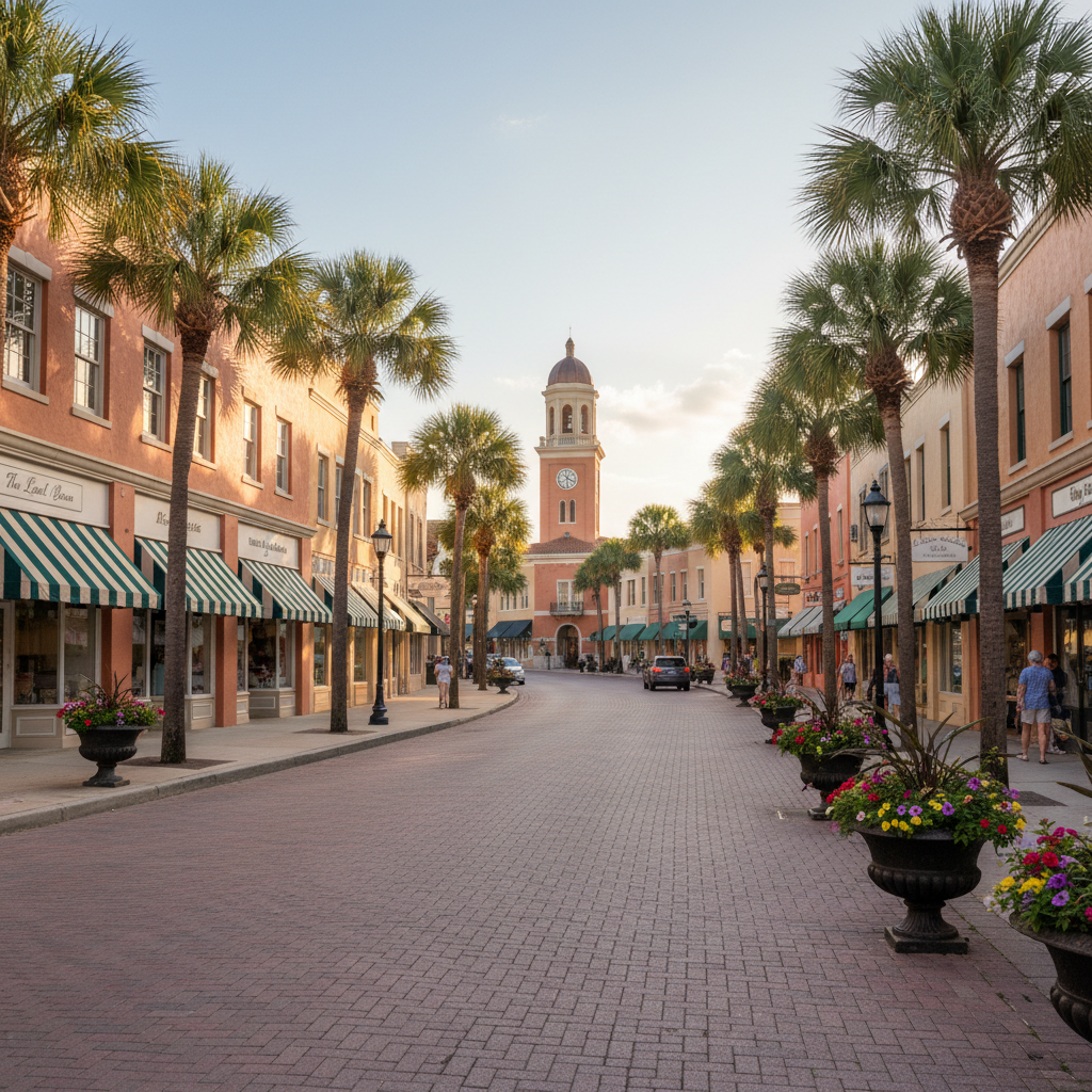 A detailed street-level view of a Central Florida downtown district, with low- to mid-rise buildings in warm stucco tones, decorative awnings, and ground-floor storefronts. Mature palm trees line a brick-paver sidewalk, and planters with colorful flowers soften the scene. The street curves gently away, leading the eye toward a recognizable but generic local-style clock tower in the distance, avoiding specific branded signage. Late-afternoon sunlight creates a soft golden wash over façades, while building shadows add rhythm to the composition. Captured from an eye-level perspective with moderate depth of field, the image balances clarity in the foreground with a slight atmospheric softness in the distance. The mood is vibrant yet orderly, presenting the neighborhood as an attractive urban environment for real estate buyers.